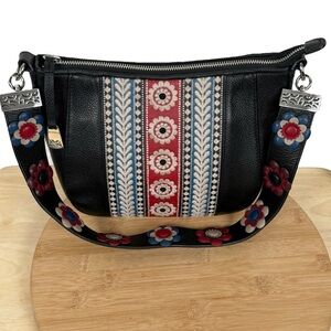 Brighton Your Bag Collection Embroidered Black Leather Bag with Petal Pop Strap